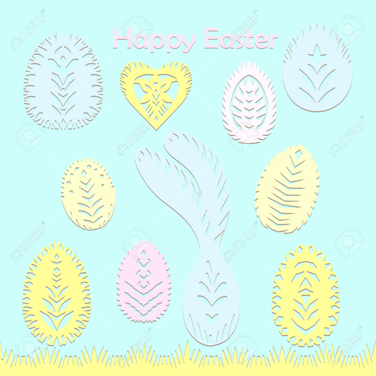 Set of paper cut festive symbols Holiday spring Easter signs egg, rabbit, heart, tree in pink, yellow, gray, blue colors. Traditional Belarusian, Polish paper clippings. Hand made. Vector - 164139762 Set of paper cut festive symbols Holiday spring Easter signs egg, rabbit, heart, tree in pink, yellow, gray, blue colors. Traditional Belarusian, Polish paper clippings. Hand made. Vector - 164139762