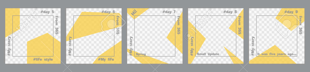 Set of minimal square posts. Trasparent yellow geometric shapes and gray text template. Place for your photo. Every day design concept for year Best for social media post and web internet ads - 165878947 Set of minimal square posts. Trasparent yellow geometric shapes and gray text template. Place for your photo. Every day design concept for year Best for social media post and web internet ads - 165878947