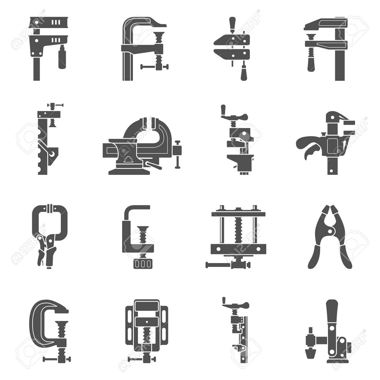 Types Of Clamps >> Black Icons Sixteen Different Types Of Clamps And Vises Types Of Clamps >> Black Icons Sixteen Different Types Of Clamps And Vises