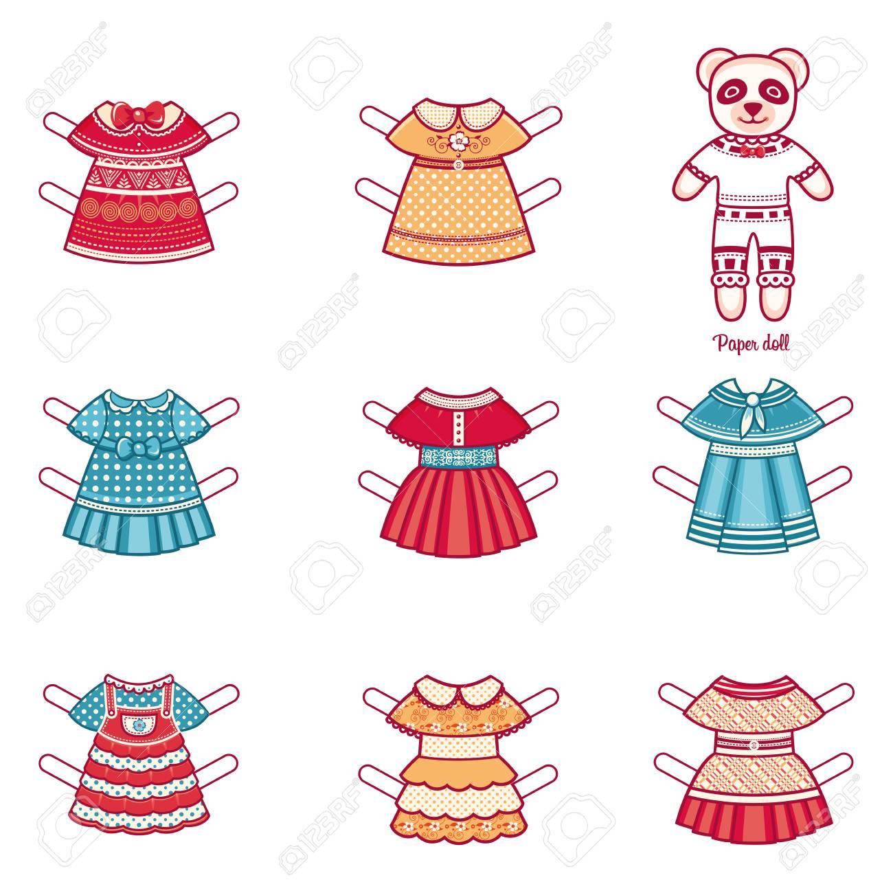 paper doll with a set of fashion clothes panda template for