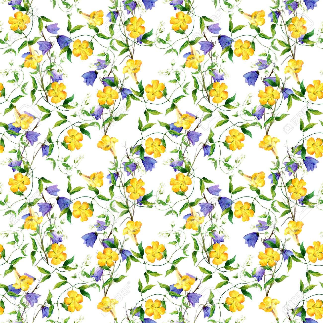 黄色い花のヒルガオ。花柄のパターンを繰り返します。水彩画背景の写真