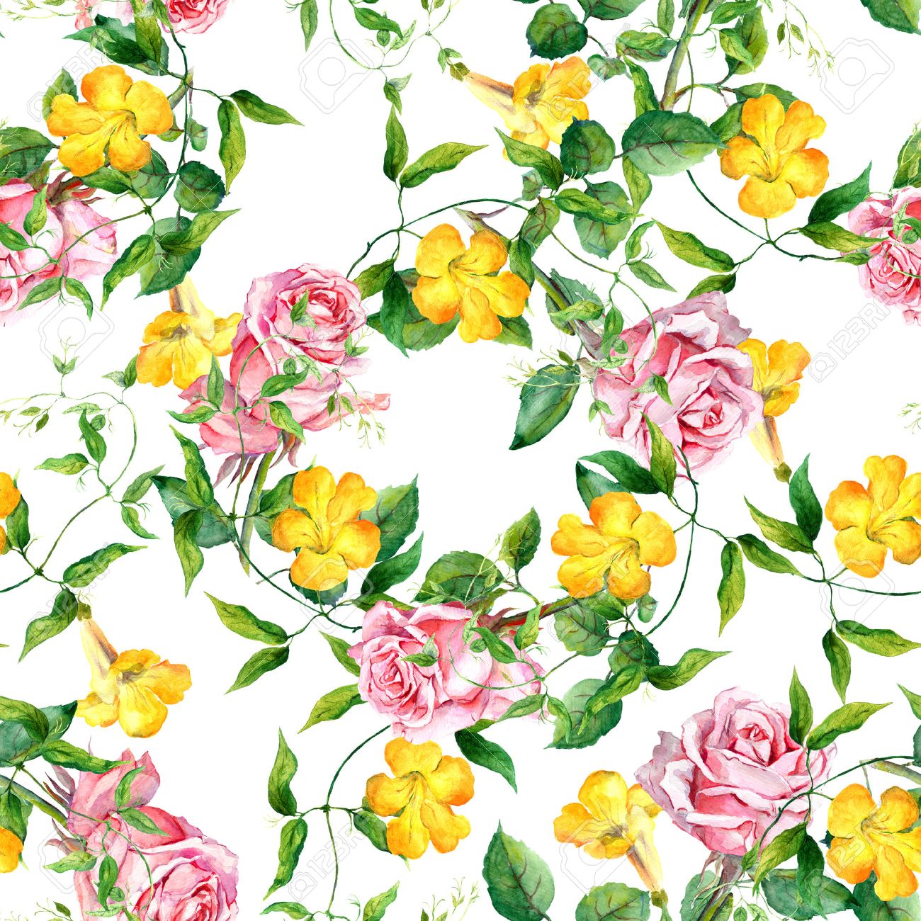 Yellow flower bindweed. Repeating floral pattern. Watercolour background - 45474203 Yellow flower bindweed. Repeating floral pattern. Watercolour background - 45474203