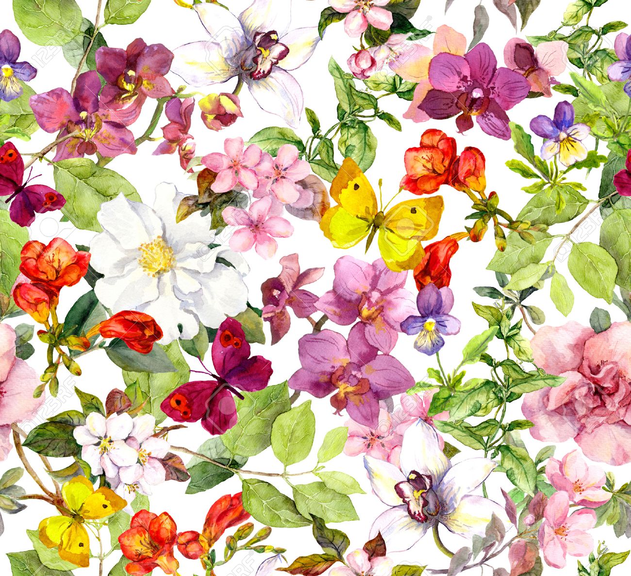 Vintage Flowers And Butterflies Retro Floral Pattern Watercolor Banco De Imagens Royalty Free Ilustracoes Imagens E Banco De Imagens Image 45666517