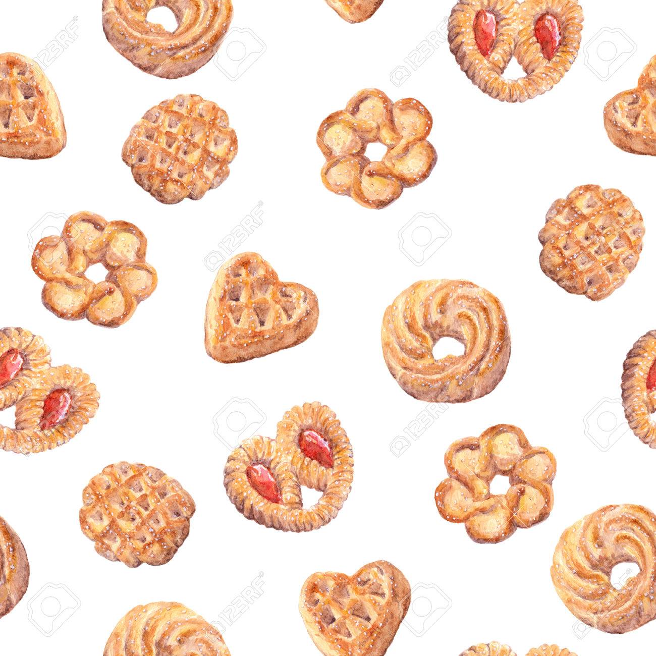 シームレスなクッキーの壁紙 ベーキングのフード デザインは 白い背景で隔離 水彩の手描きの図面 の写真素材 画像素材 Image