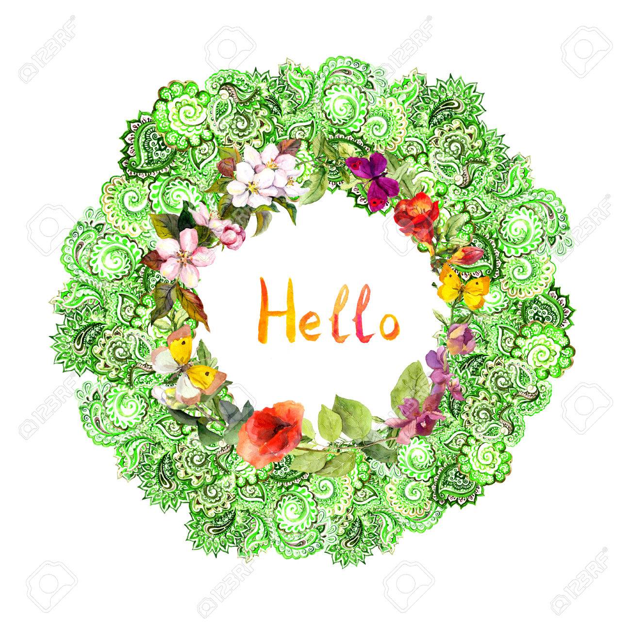 こんにちは 装飾的な飾りと花の円の境界 草原の花と蝶 頭が変な水彩画 の写真素材 画像素材 Image 6506