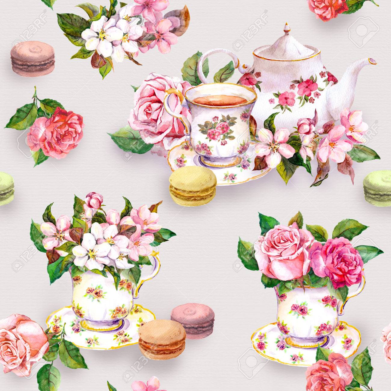 Tea Pattern With Flowers Cherry Blossom Rose Flower In Tea Cup