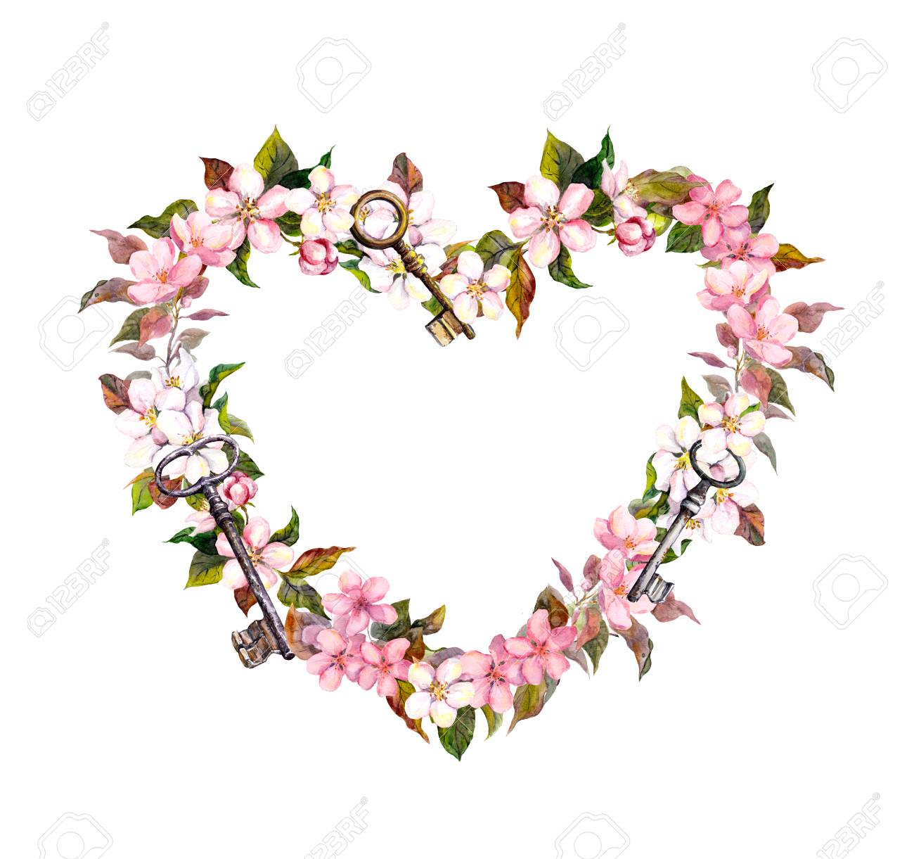 Floral Wreath - Heart Shape. Pink Sakura Flowers, Keys. Watercolor For  Valentine Day, Wedding Stock Photo, Picture and Royalty Free Image. Image  68552511., image size:1300x1221