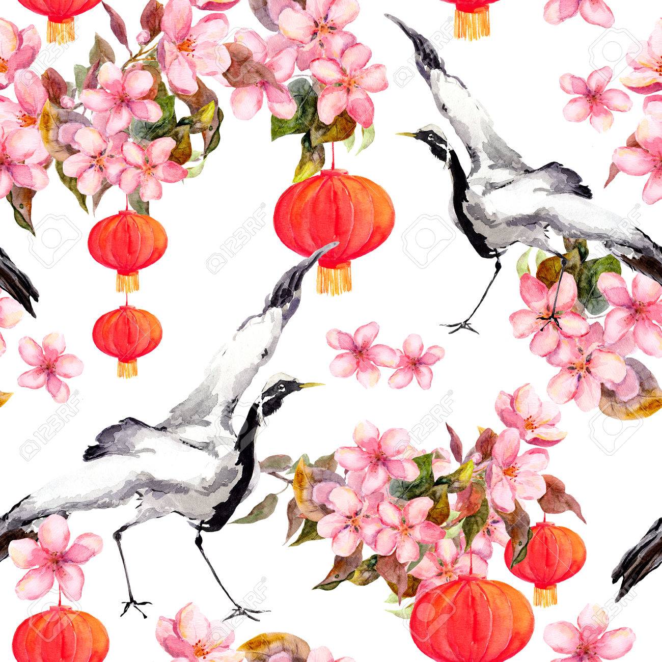 red chinese lantern in spring pink flowers apple plum cherry