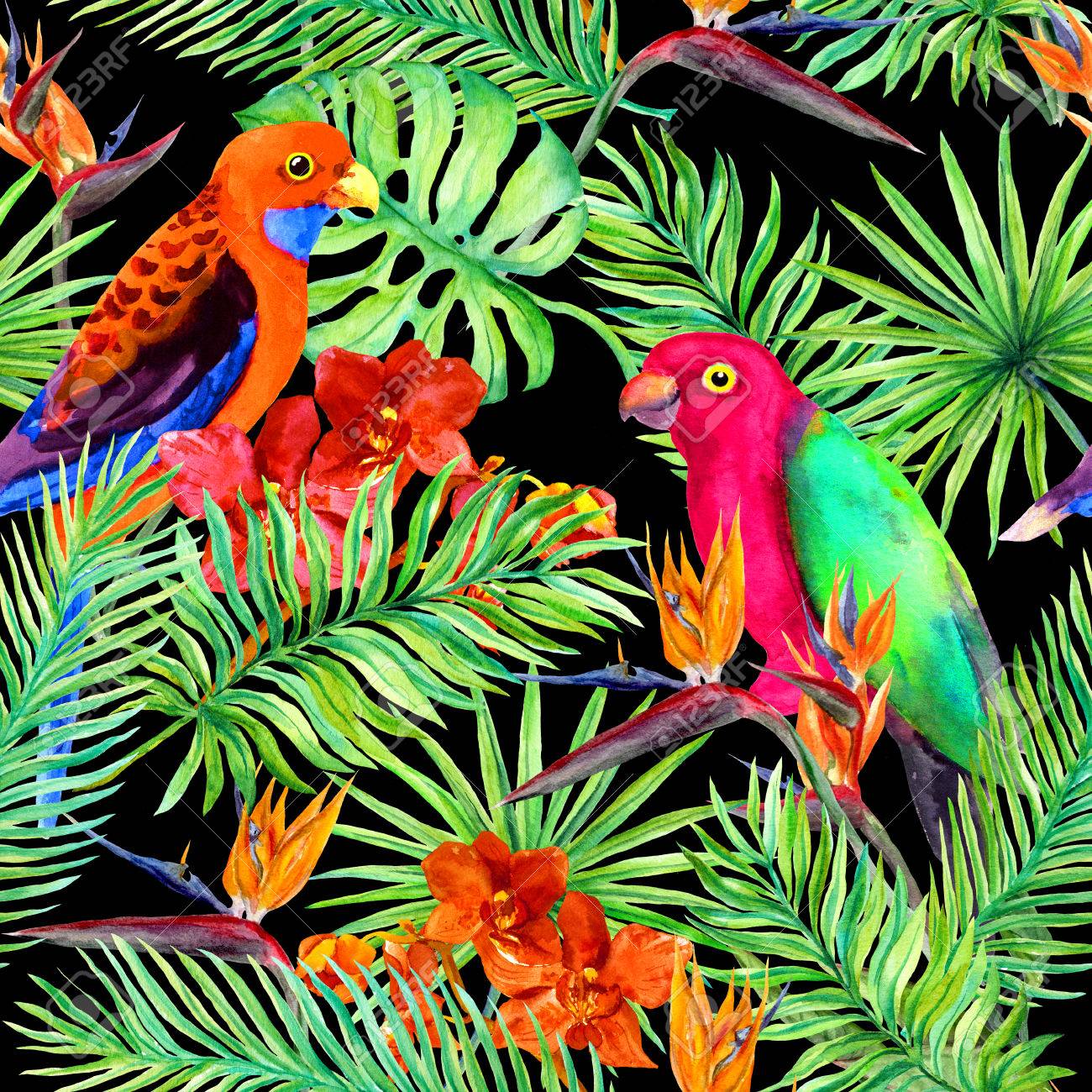 Jungle Leaves Parrots Butterflies Multicolored Feature Wallpaper