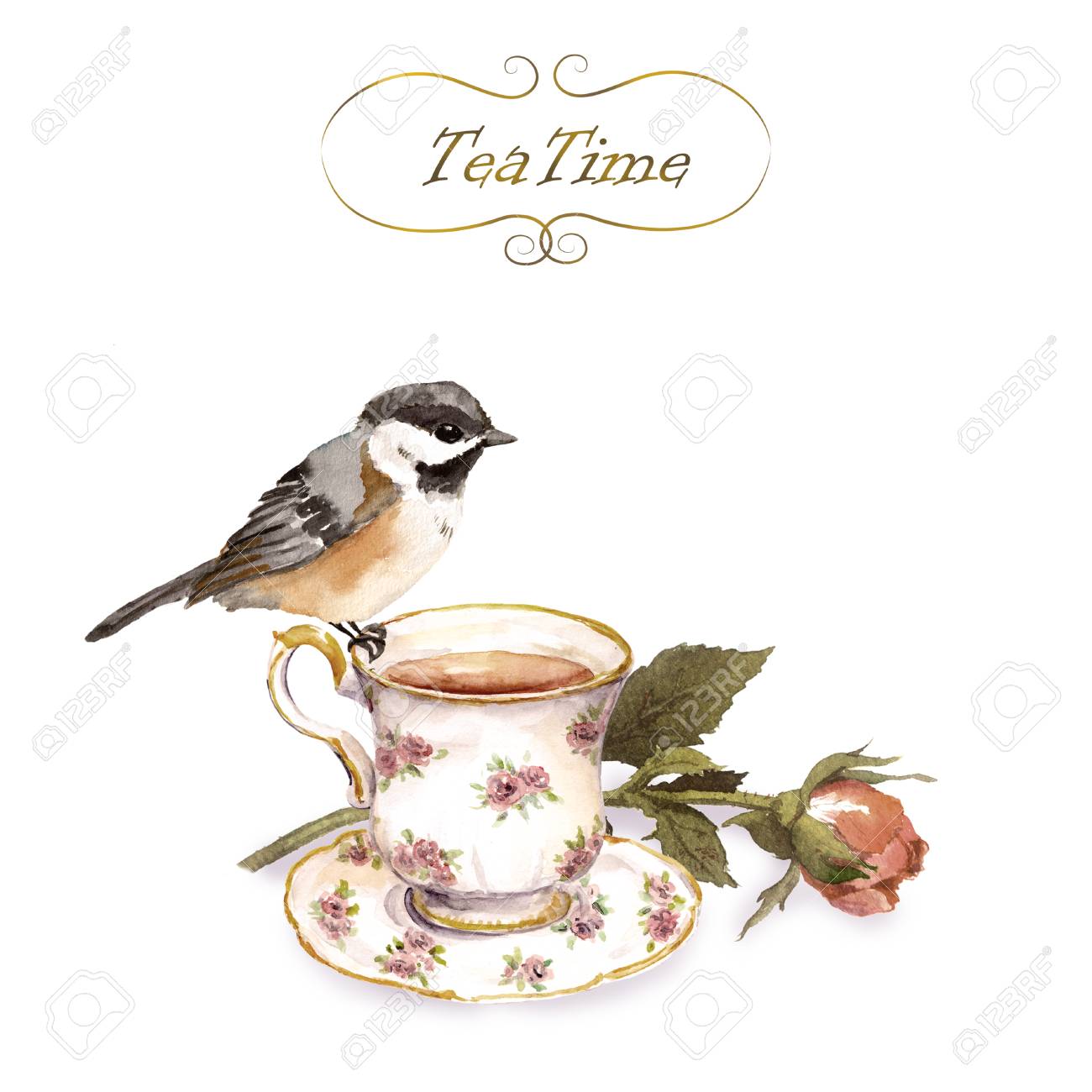 Vintage Invitation Card With Retro Design Bird Tea Cup Rose