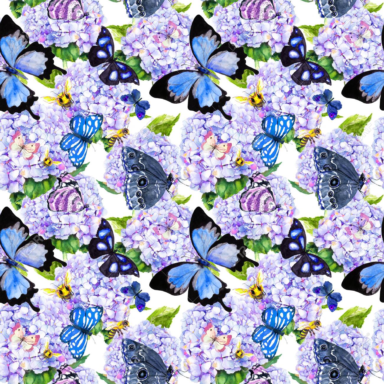 Blue hydrangea flowers, butterflies, bees. Seamless floral pattern. Watercolor. - 135383679 Blue hydrangea flowers, butterflies, bees. Seamless floral pattern. Watercolor. - 135383679