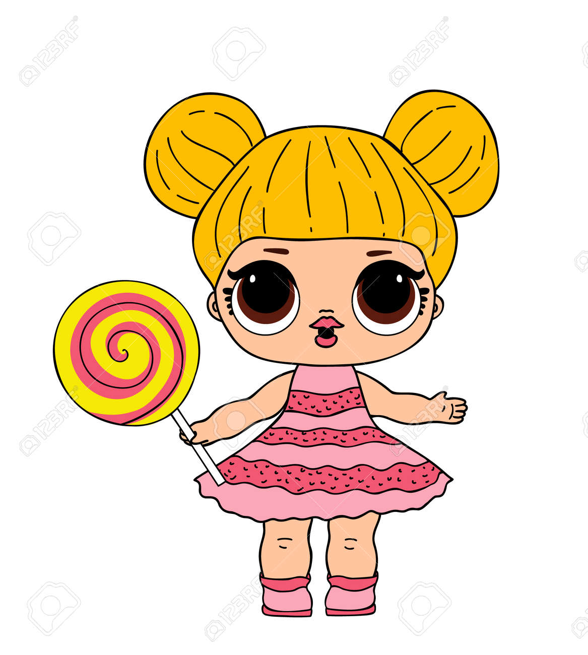 Muñeca Lol Con Ojos Grandes En Vestido Rosa Con Piruleta. Vector L.o.l  Imagen De Juguete Ilustraciones svg, vectoriales, clip art vectorizado  libre de derechos. Image 160098619